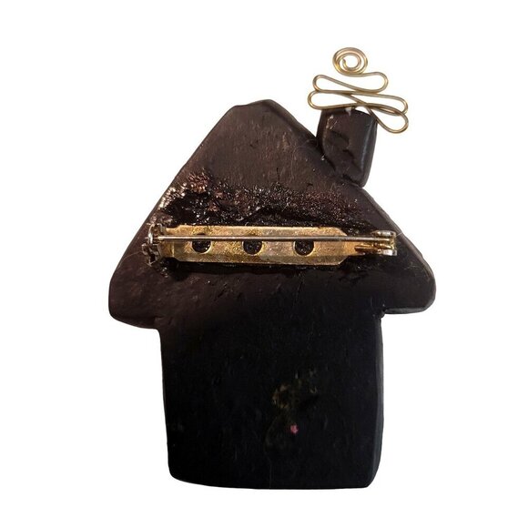 Vintage Handmade Polymer Clay on Wood House Brooch Pin Patchwork Design 2.25' - Picture 4 of 4